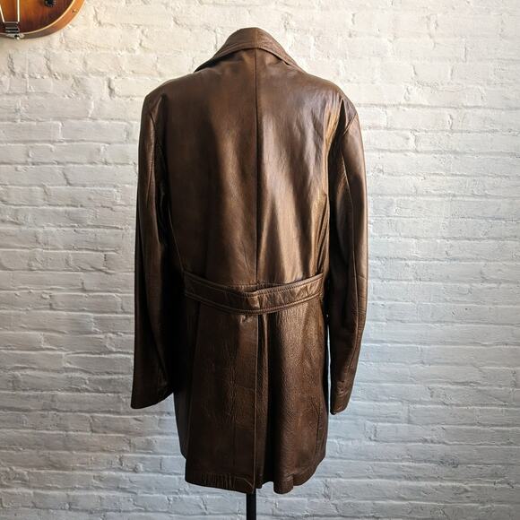 Vintage Brown Leather Jacket Western Trench Coat Earthy Cowboy Minimalist Coat L - Picture 4 of 10